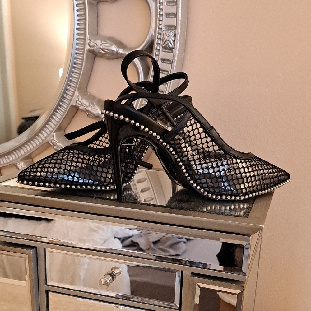 Fashion Nova Black Mesh Heels with Rhinestones